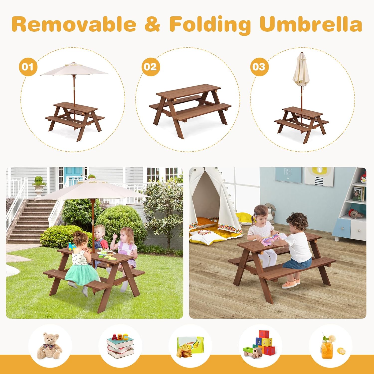 Kids Picnic Table, Outdoor Woo - Kids Outdoor Bench With Umbrella ulasan dan harga