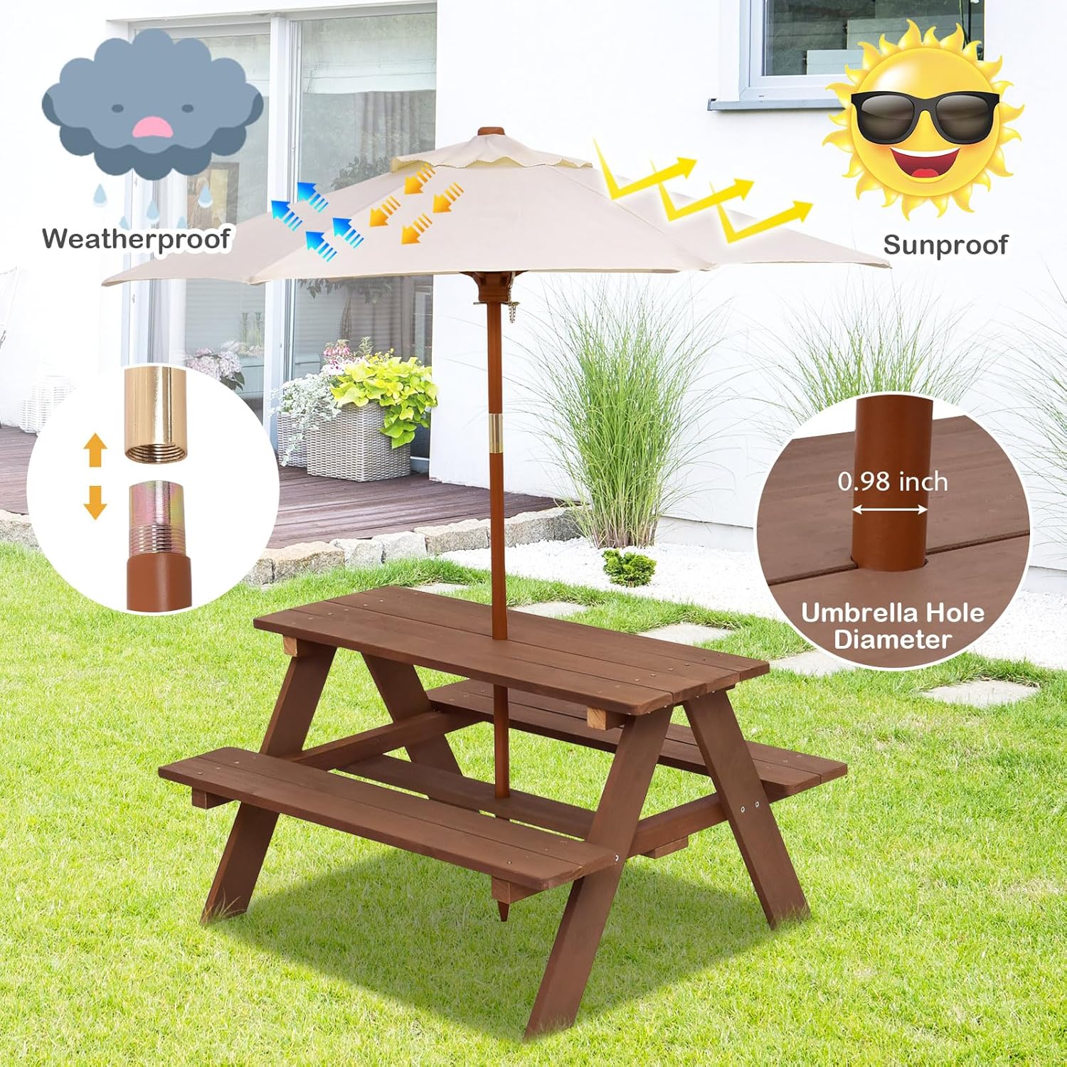 Kids Picnic Table, Outdoor Woo - Kids Outdoor Bench With Umbrella ulasan dan harga