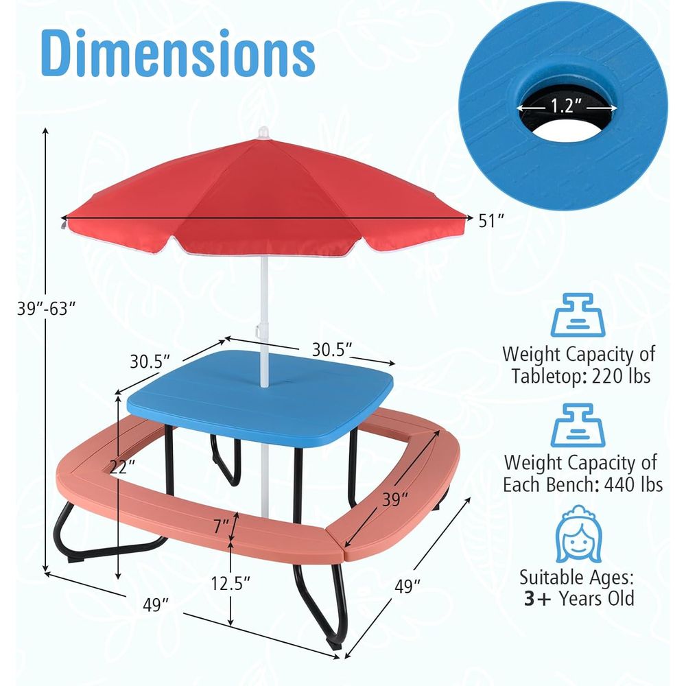 Kids Picnic Table, 8 Person To - Kids Outdoor Bench With Umbrella ulasan dan harga