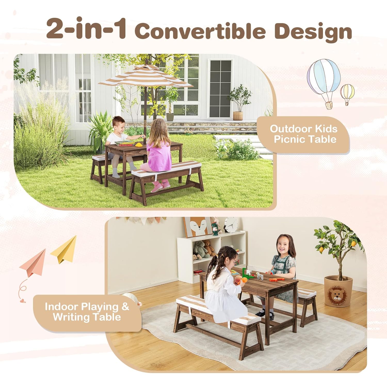 Kids Picnic Table, Outdoor Woo - Kids Outdoor Bench With Umbrella ulasan dan harga