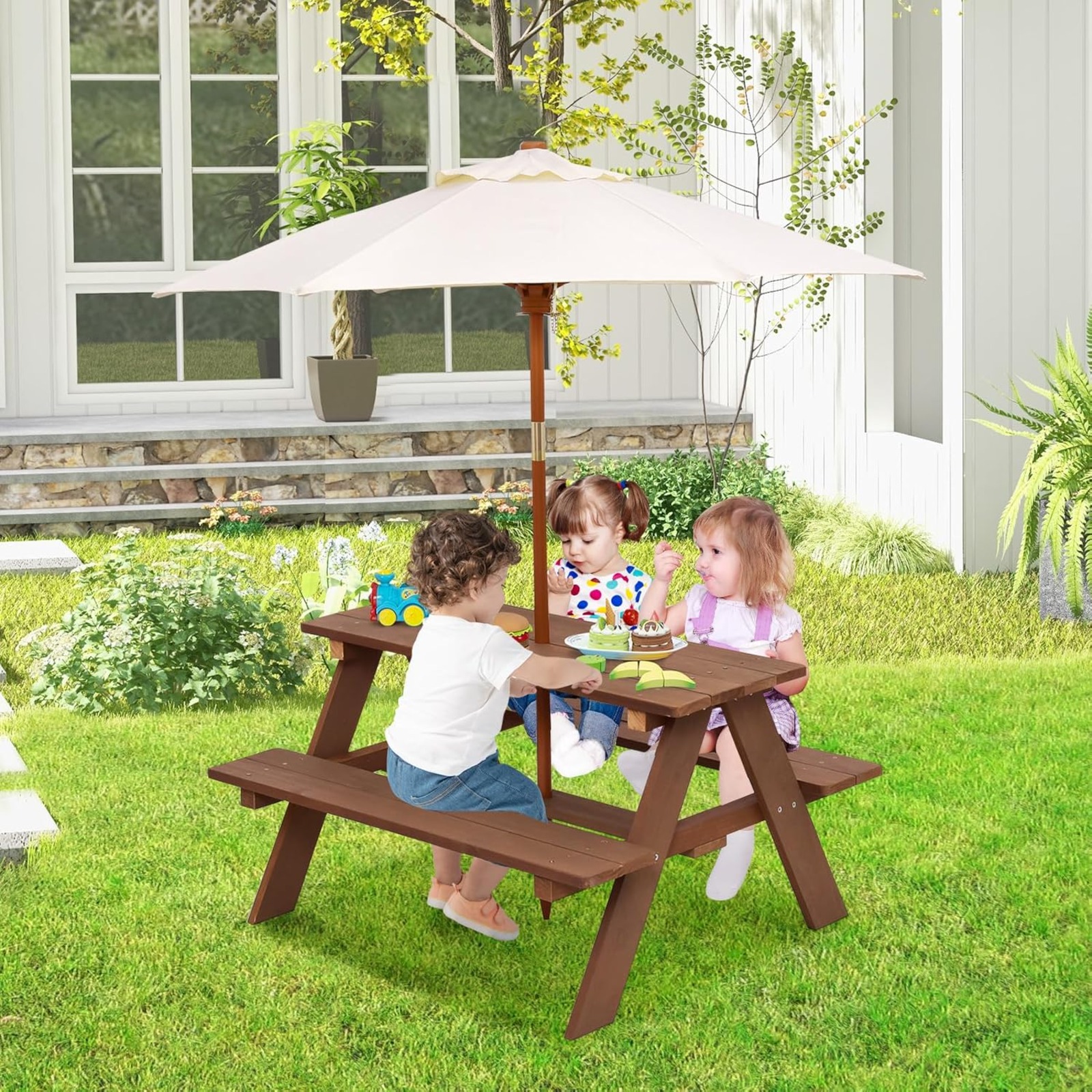 Kids Picnic Table, Outdoor Woo - Kids Outdoor Bench With Umbrella ulasan dan harga